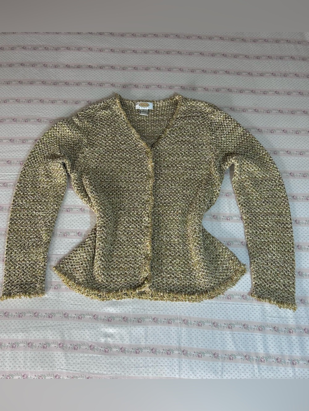 Talbots Gold Metallic V-Neck Knit Sweater Cardigan